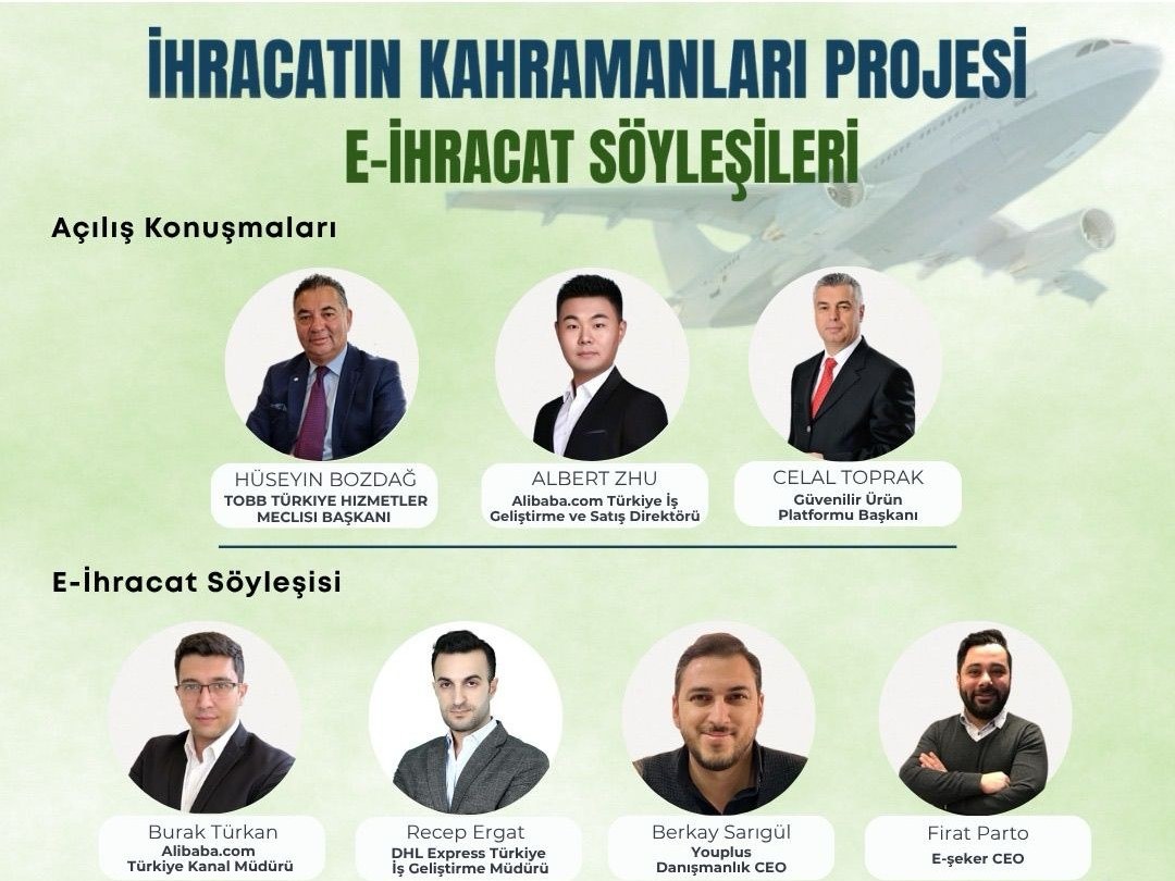 İhracatın Kahramanları Projesi E-İhracat Söyleşileri afişi: TOBB, Güvenli Ürün Platformu ve Alibaba.com logoları, yedi konuşmacının fotoğrafı, 14 Eylül 2026 saat 14.00, TOBB Sosyal Tesisleri MNOP Binası Ankara